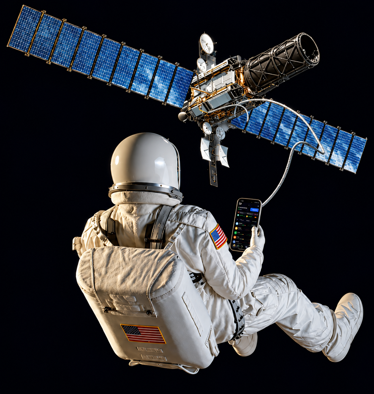 An astronaut using a phone while floating beneath a satellite