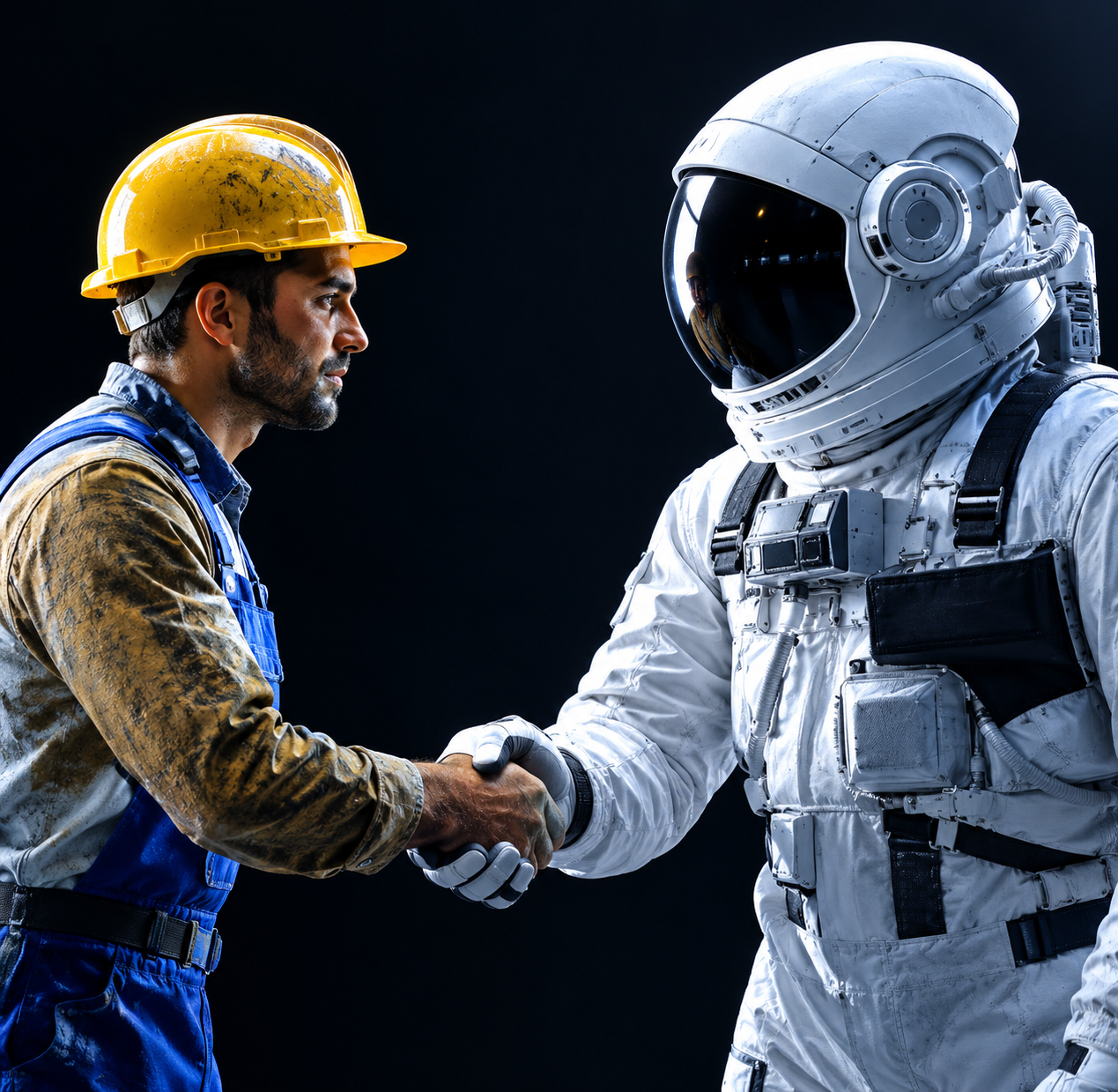 Worker shaking hands with an astronaut